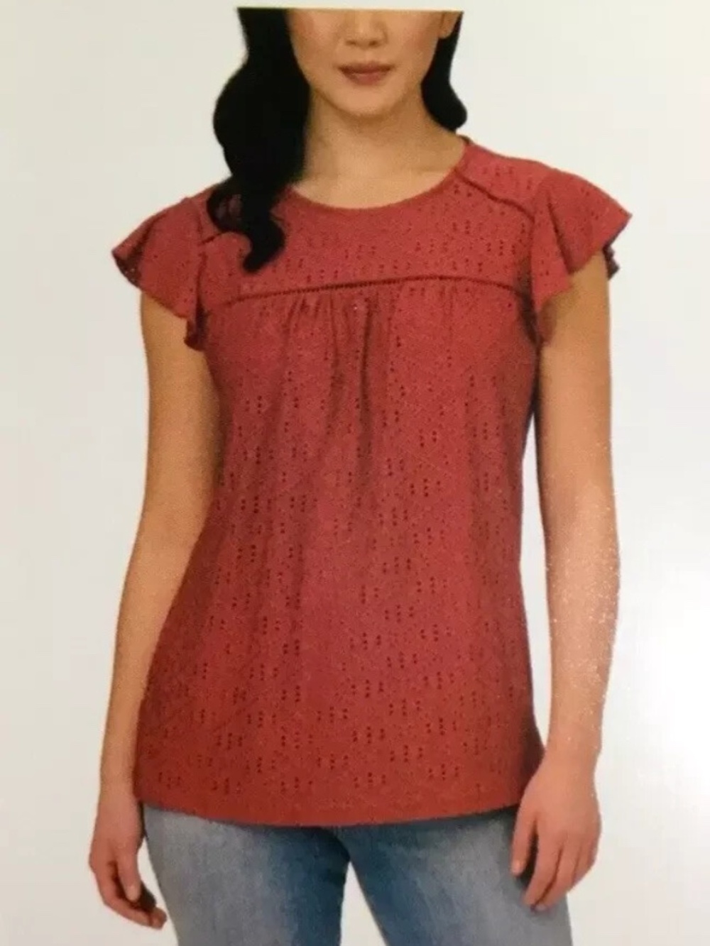 Adrianna Papell Women's Ruffle Sleeve Eyelet Knit Blouse Top, XL,XXL